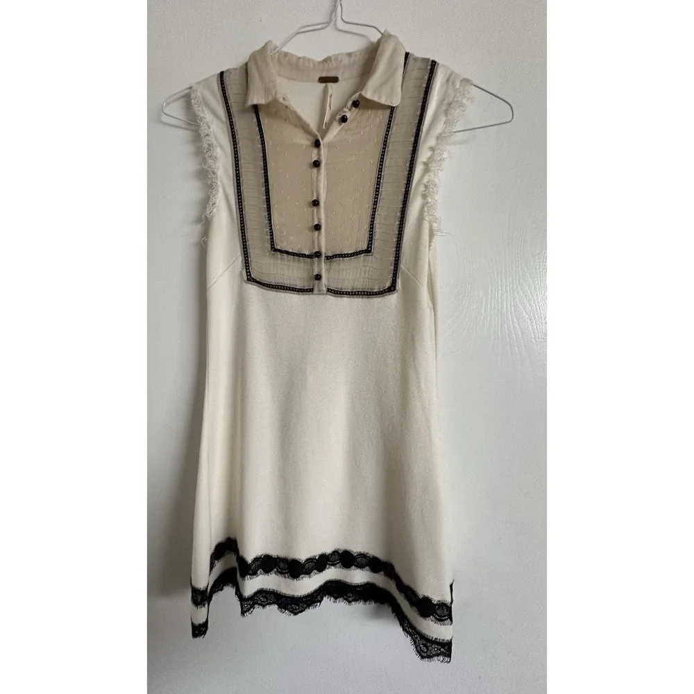 Free People Ivory & Black Apron Style Dress XS Sleeveless Collar - Picture 2 of 12